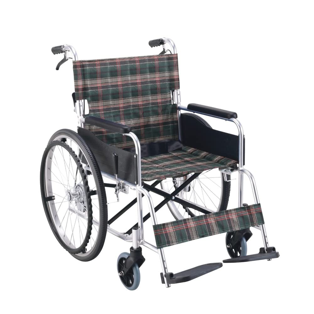 マキテック 車椅子 KSシリーズ 自走式 ワイドタイプ グリーンチェック 介護用品 背折れ 折りたたみ ノーパンクタイヤ KS50M-46GCS商品画像