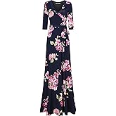 Bon Rosy Women's Super Stretchy Maxi Party Dress Spring Floral Print Faux Wrap 3/4 Sleeve V-Neck