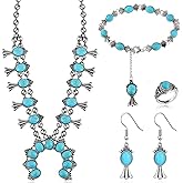 Henoyso 4 Pcs Turquoise Western Jewelry Set for Women Cowgirl Squash Blossom Howlite Stone Necklace Earrings Wrist Chain Ring