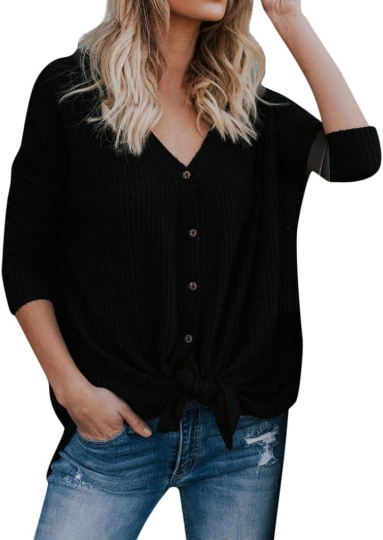 DEATU New Womens Loose Knit Tunic Blouse Tie Front Knot Henley Tops Bat Wing Plain Shirts