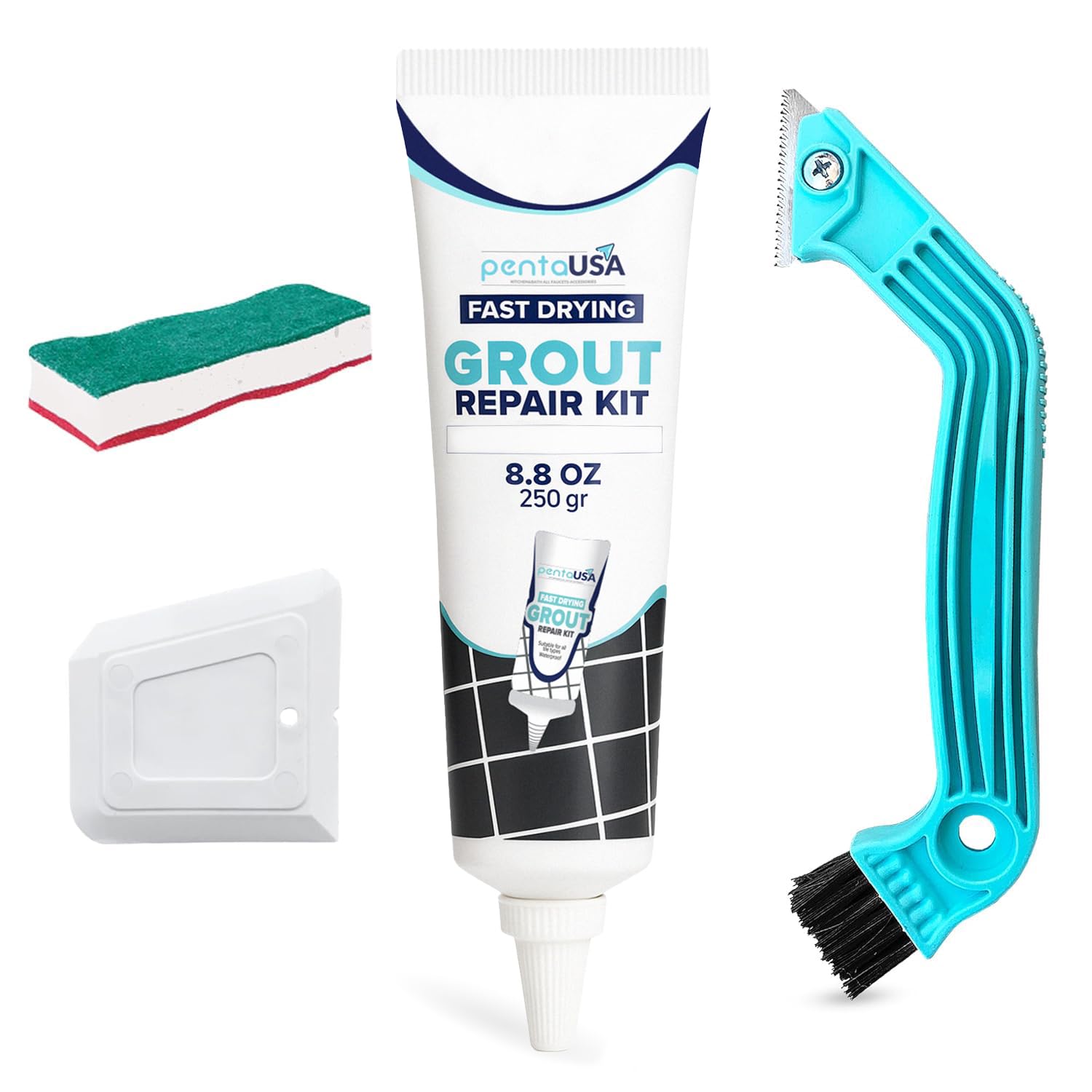 Grout - Ready Mixed Tile Grout with Sponge, Remover Saw and Scraper, Grout Reviver for Bathroom, Kitchen, Floor Tiles - 250 gr Bundle Set (White)