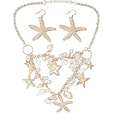 Honbay 1PCS Fashion Starfish Shell Conch Faux Pearl Choker Necklace Statement Chunky Necklace and 1 Pair of Starfish Dangle Drop Earrings with Pearl Mermaid Costume Jewelry Beach Jewelry for Women
