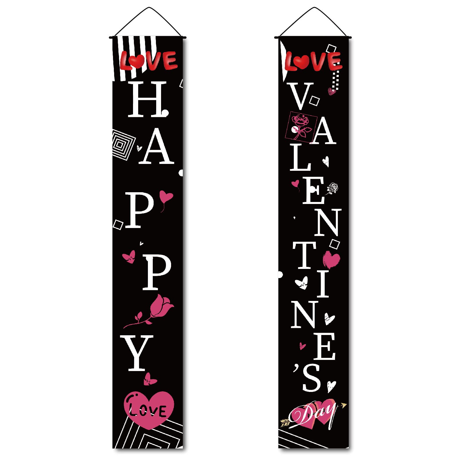 CREATCABIN Happy Valentine's Day Porch Sign Love Heart Hanging Banner Wall Decor Romantic Flags Welcome Banners for Holiday Home Fireplace Indoor Outdoor Garden Party Decor 11.8 x 70.8inch (Black)