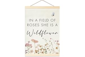FISAHAT In A Field of Roses She Is A Wildflower Flag Banner, Girls Room Decor,Canvas Wall Art, Bohemian Girl Room Decor, Wildflowers Decoration For Baby Shower Kids Nursery Toddler Rooms