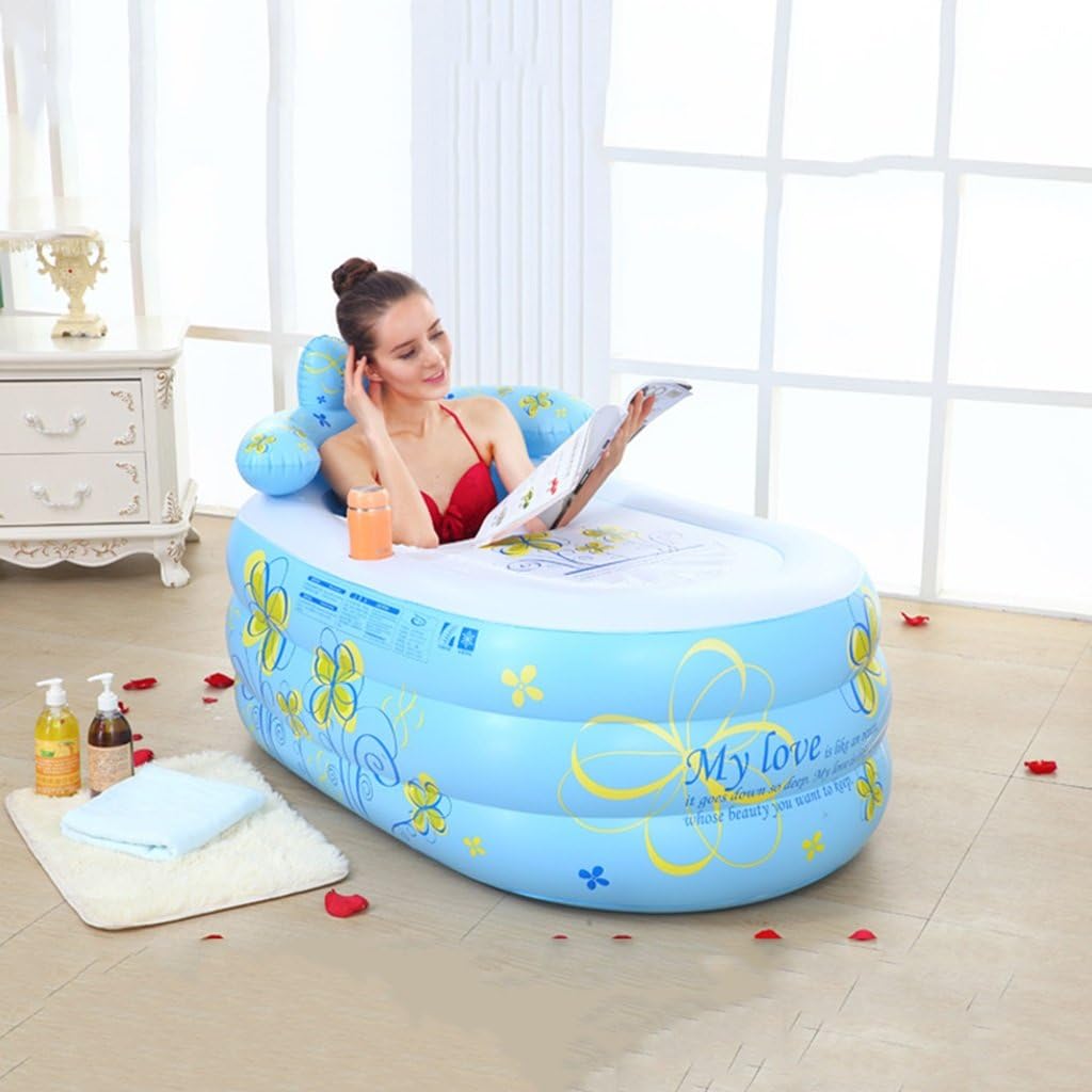 petal Inflatable bathtub Thickening Adult tub Folding bath tub Children's bath Plastic bath bucket ( Color : Blue , Size : 160*90*75cm )