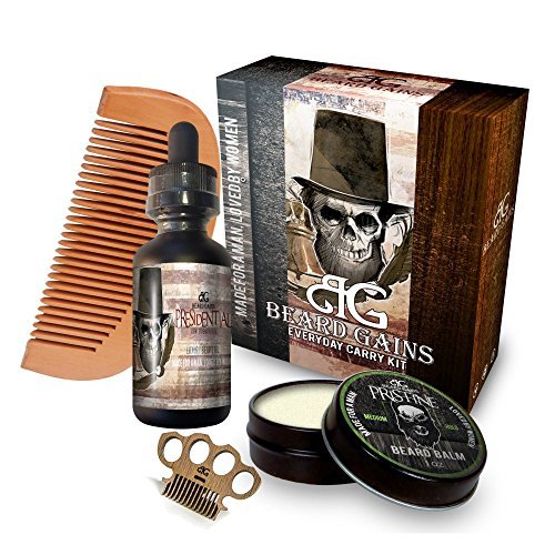 Beard Gains Every Day Carry Kit, Presidential Beard Oil/Pristine Beard Balm Medium/Miniknuck Scoop