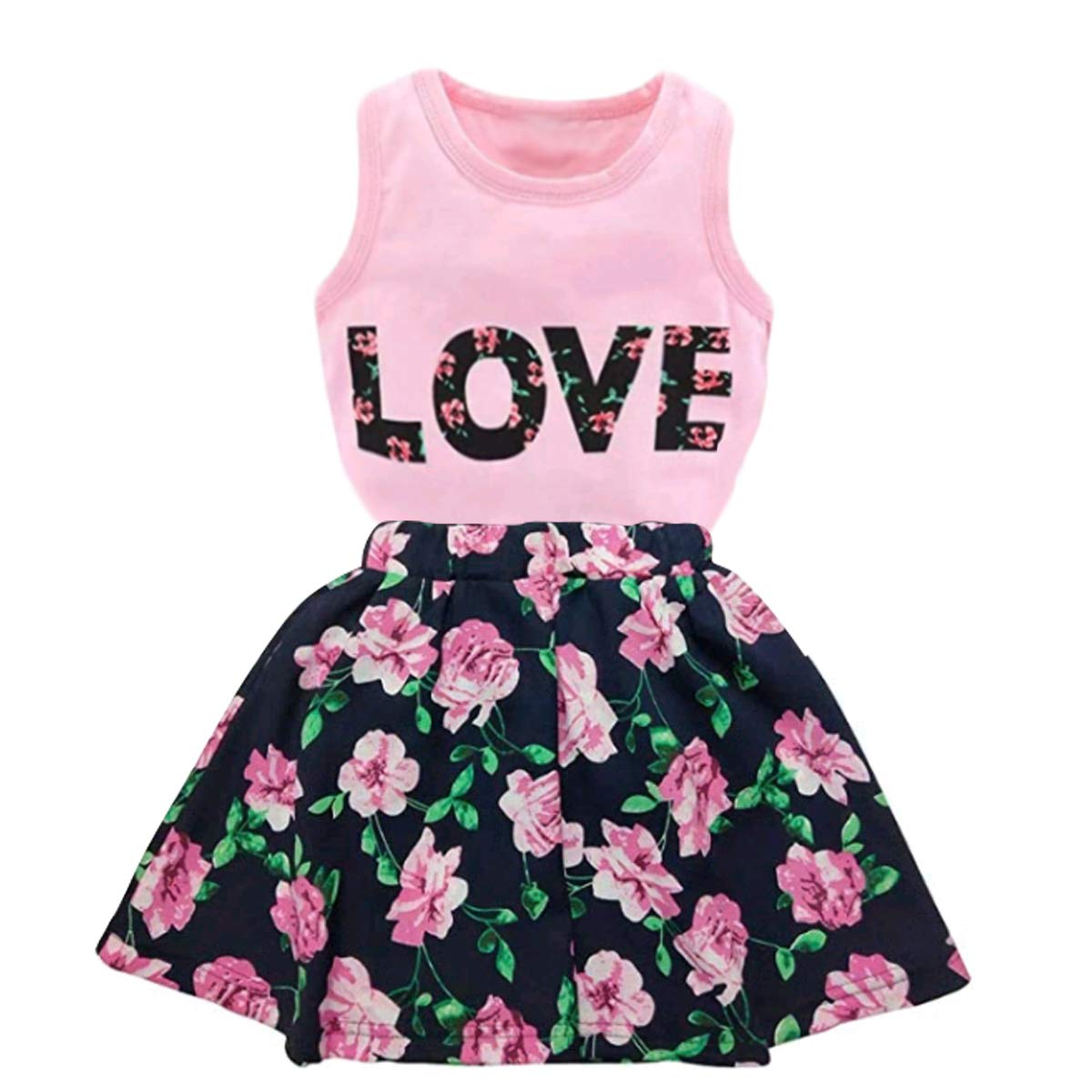 Jastore Girls Letter Love Flower Clothing Sets Top+Short Skirt Kids Clothes