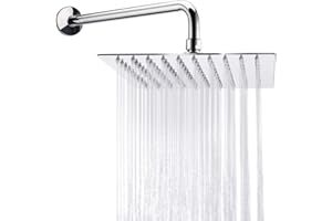 Rain Shower Head With Extension Arm, NearMoon Square Shower Heads, Large Stainless Steel Rainfall Showerhead-Waterfall Full Body Coverage (8 Inch Shower Head With 15 Inch Shower Arm, Chrome)