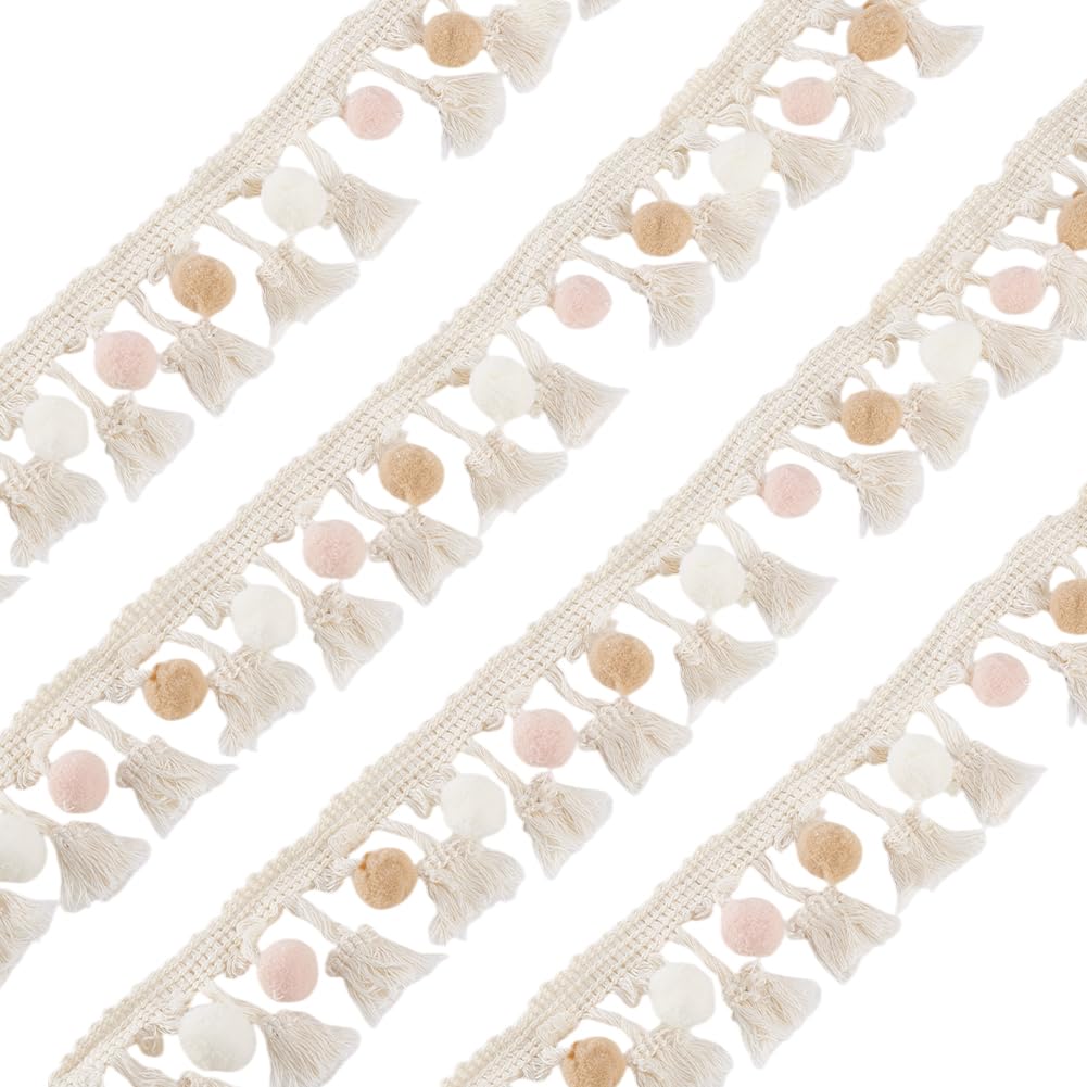 WADORN 5.47 Yards Pom Pom Fringe Ball Trim Sewing Ribbon, 0.2 Inch Ball Fringe Garland Ribbon Boho Embroidered Sewing Tassel Lace for DIY Clothing Dress Bag Sewing Craft Home Curtain Accessories