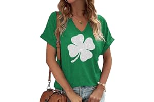 TIXOM St Patrick's Day V Neck Shirts for Womens Irish Shamrock Graphic Tee Funny Lucky Heart Printed Short Sleeve Shirts Tops