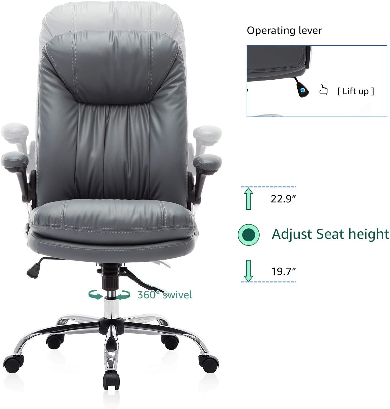 YAMASORO High-Back Executive Office Chair Big and Tall Home Office Desk Chairs PU Leather Ergonomic Computer Chair for Heavy People,with Flip Arms and Wheels,Swivel, Black: Furniture & Decor