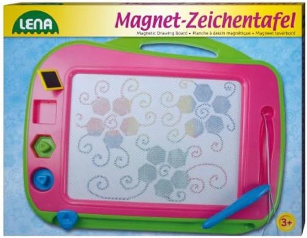 Lena 65714 Large Colour Magnetic Drawing Board Approx. 41 cm Magic Board with Handle Attached Pen and 3 Stamps Magic Painting Board for Children from 3 Years Pink