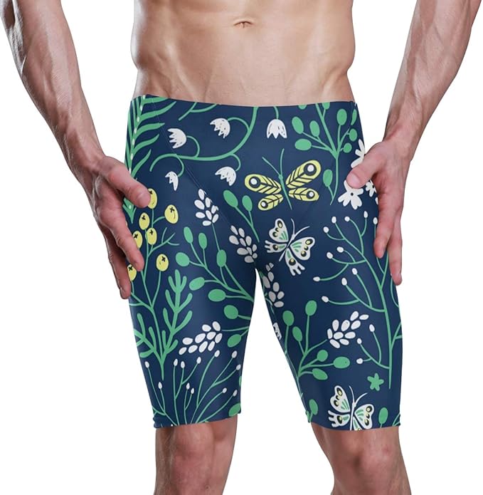 Green Pattern Plants and Flowers Mens Long Swimming Trunks