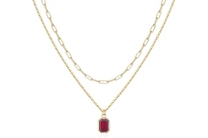 Vrsilver Layered Birthstone Necklace for Women Girls, 14K Gold-Plated Paperclip Chain Choker Necklace with Rectangle Birthstone Pendant Birthday Gifts for Women Girls Dainty Small