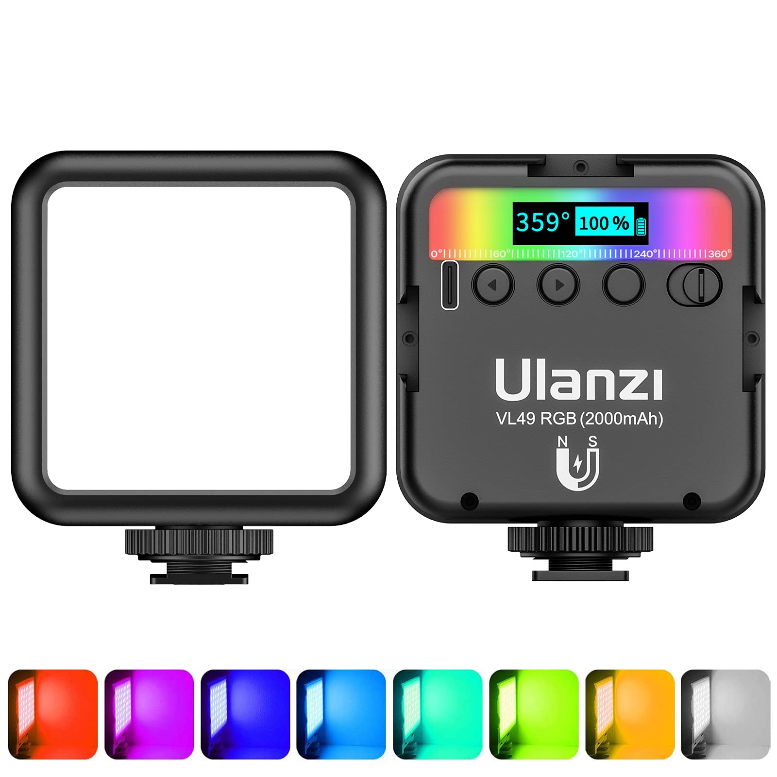 ULANZI Video Light RGB, VL49 Led Camera Light Mini 360° Full-Color w 3 Cold Shoe, Portable Light Rechargable 2500K-9500K, On Camera Light with Support Magnet Adsorption