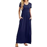 GRECERELLE Women Summer Casual Maxi Long Dress Short Sleeve Crew Neck with Pockets, Size S-3XL