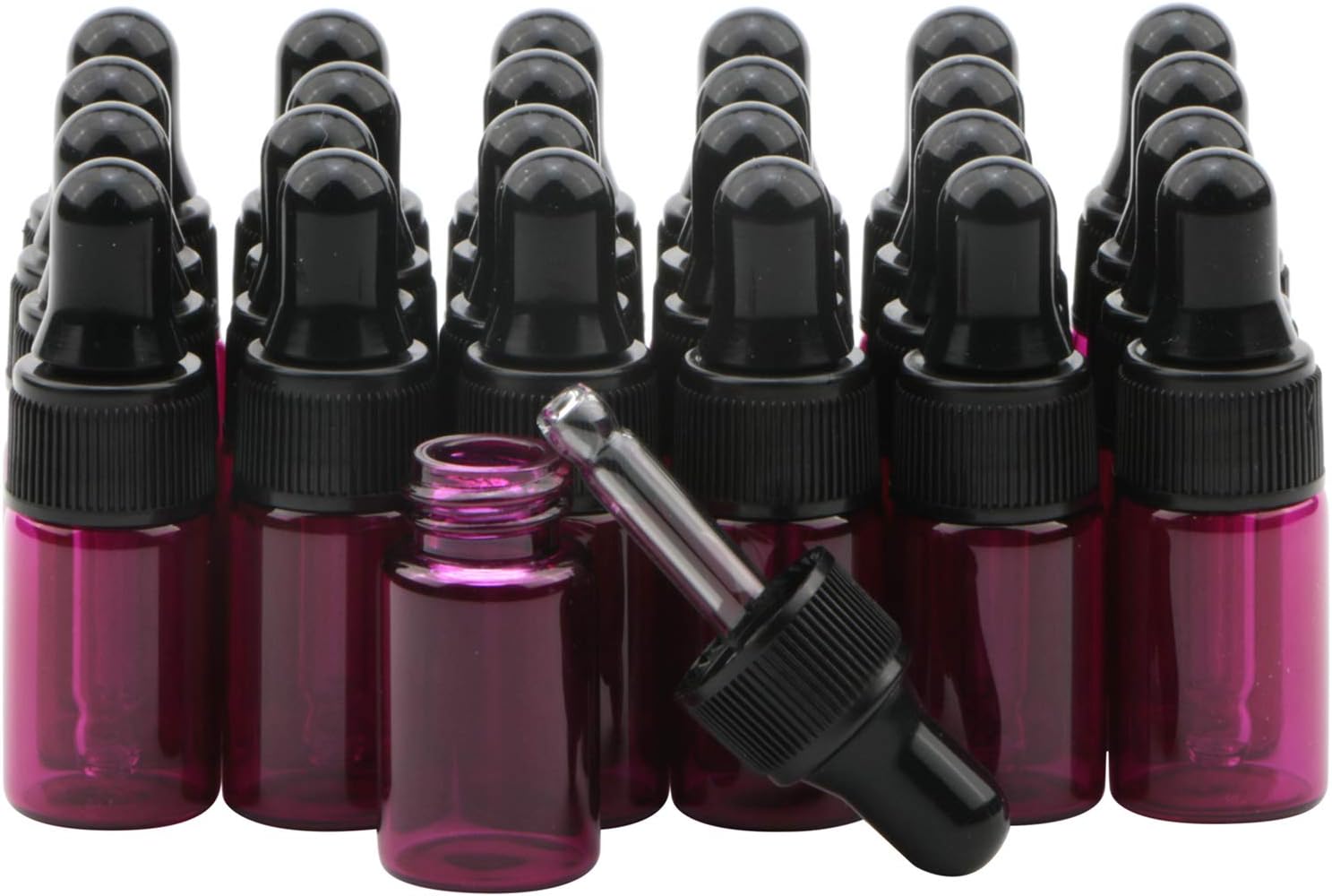 Rowiz 30 PCS 3ml Refillable Pink Glass Essential Oil Bottles Eye Dropper Vials Perfume Cosmetic Liquid Aromatherapy Lotion Sample Storage Containers Jars with Pure Dropper Sample Tubes&Black Screw Cap