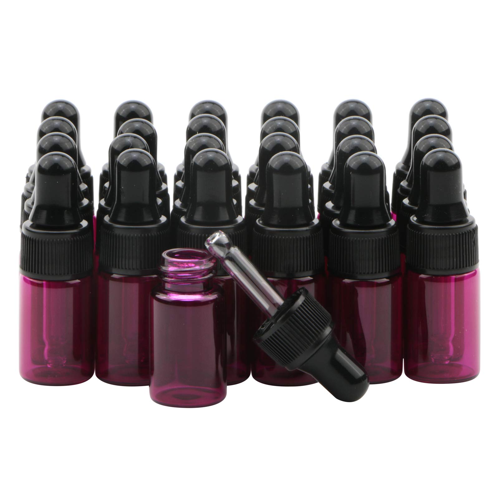 Rowiz 30 PCS 3ml Pink Glass Dropper Bottles with Pipettes & Black Screw Cap - Essential Oil, Perfume, Lotion - Leak Proof - Reusable - Modern - Adult - Bisphenol A (BPA) Free