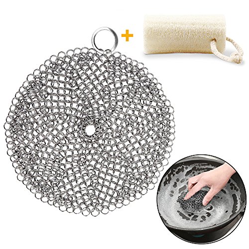 Cast Iron Cleaner&Natural Loofah, Danlit 7"x7" Stainless Steel 316L Chainmail Scrubber&Cookware Cleaner, for Pan Pre-Seasoned, Dutch Ovens, Cookie Sheet, Tortilla Press, Hibachi, Cornbread, Pie Pan