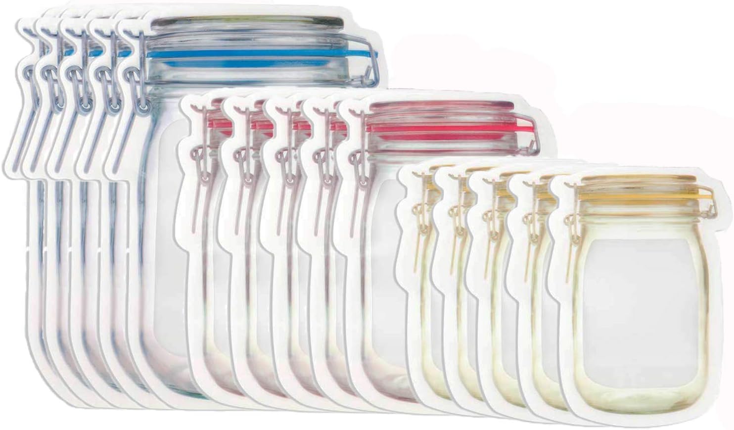 Shitailu15 Counts Mason Bags, Mason Jar Pattern Zipper Airtight Seal Bags，Reusable Portable Food Saver Storage Bags for Travel Picnic Camping (Sx5+Mx5+Lx5)