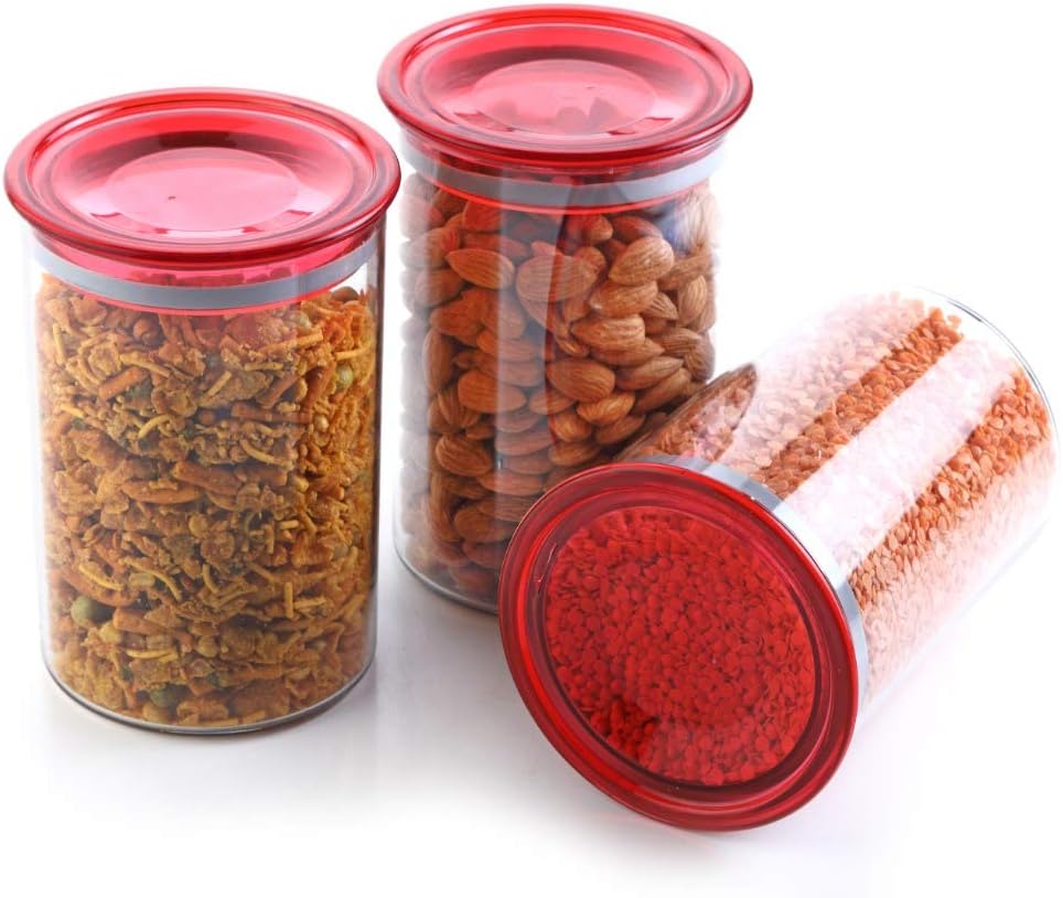 Slings Plastic Air Tight Storage Box Kitchen Container Jar, 900Ml Food Rice Pasta Pulses Container, Red (Set of 3)