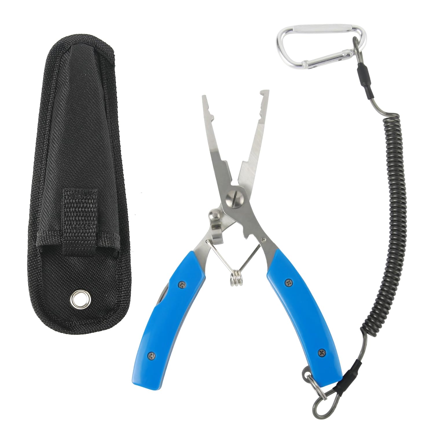 JASKFG Portable Fishing Pliers with Lanyard,Include Curved Fishing Forceps,Disgorger Fishing,Stainless Steel and Blue Rubber Handles