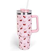 Whaline 40oz Pink Bow Cherry Tumbler with Handle Straw and Lid Coquette Bowknot Cherries Travel Tumbler Coffee Cup for Women Friend Holiday Birthday