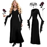 EJWCIG Morticia Addams Costume Women Vintage Gothic Black Long Dress Outfit Women Red Roses Flowers Necklace