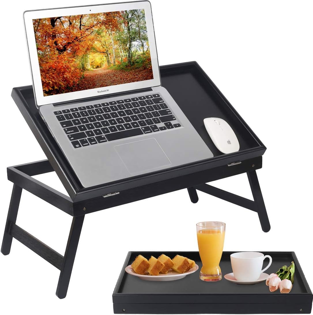 Bed Table Breakfast Tray with Folding Legs Kitchen Serving Plate for Bed Platters TV Table Desk Snack Tray (BLack)