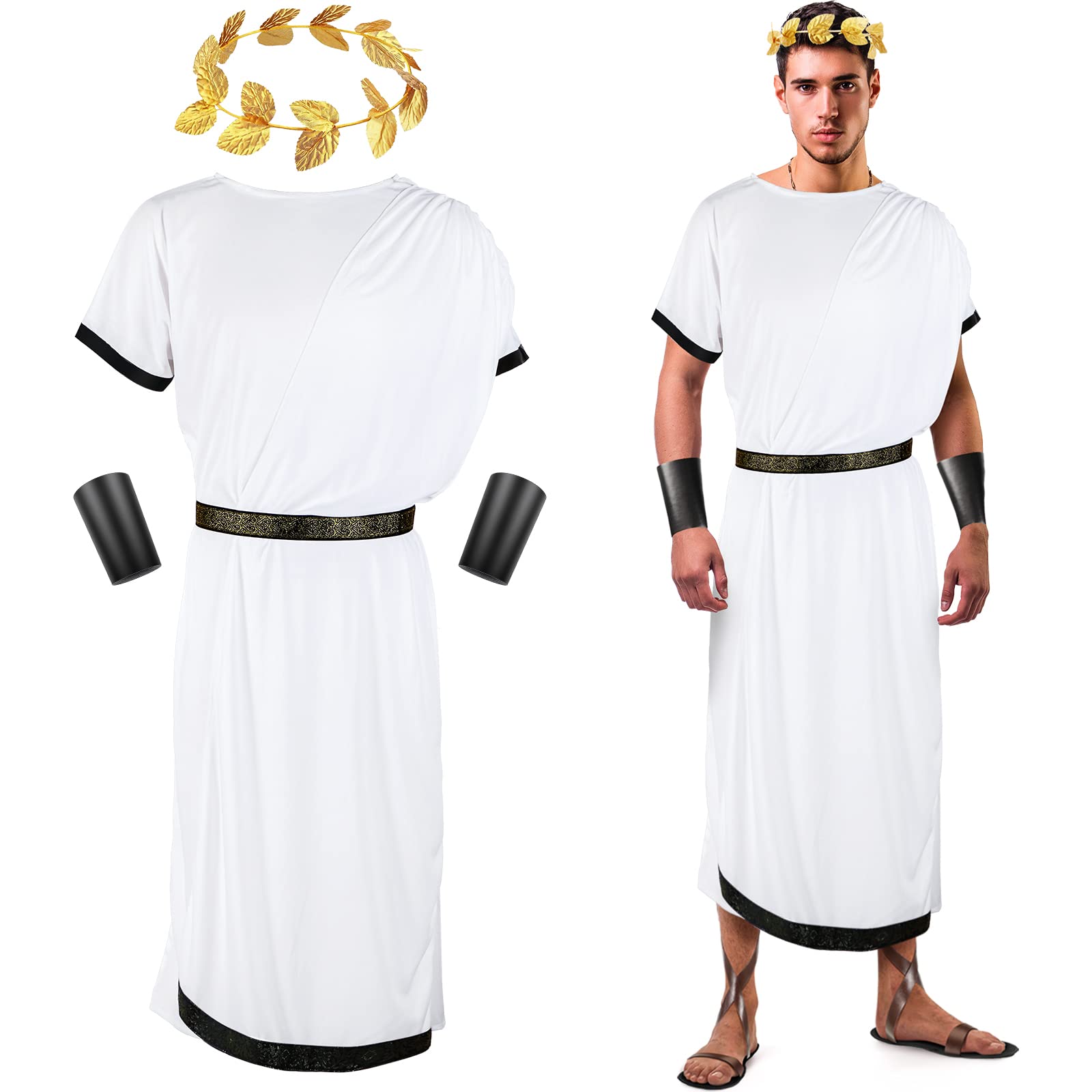 SATINIOR 4 Pcs Greek Men Toga Costume Greek God Costume Halloween Adult Roman Costume with Leaf Laurel Wreath Wristband(Large)