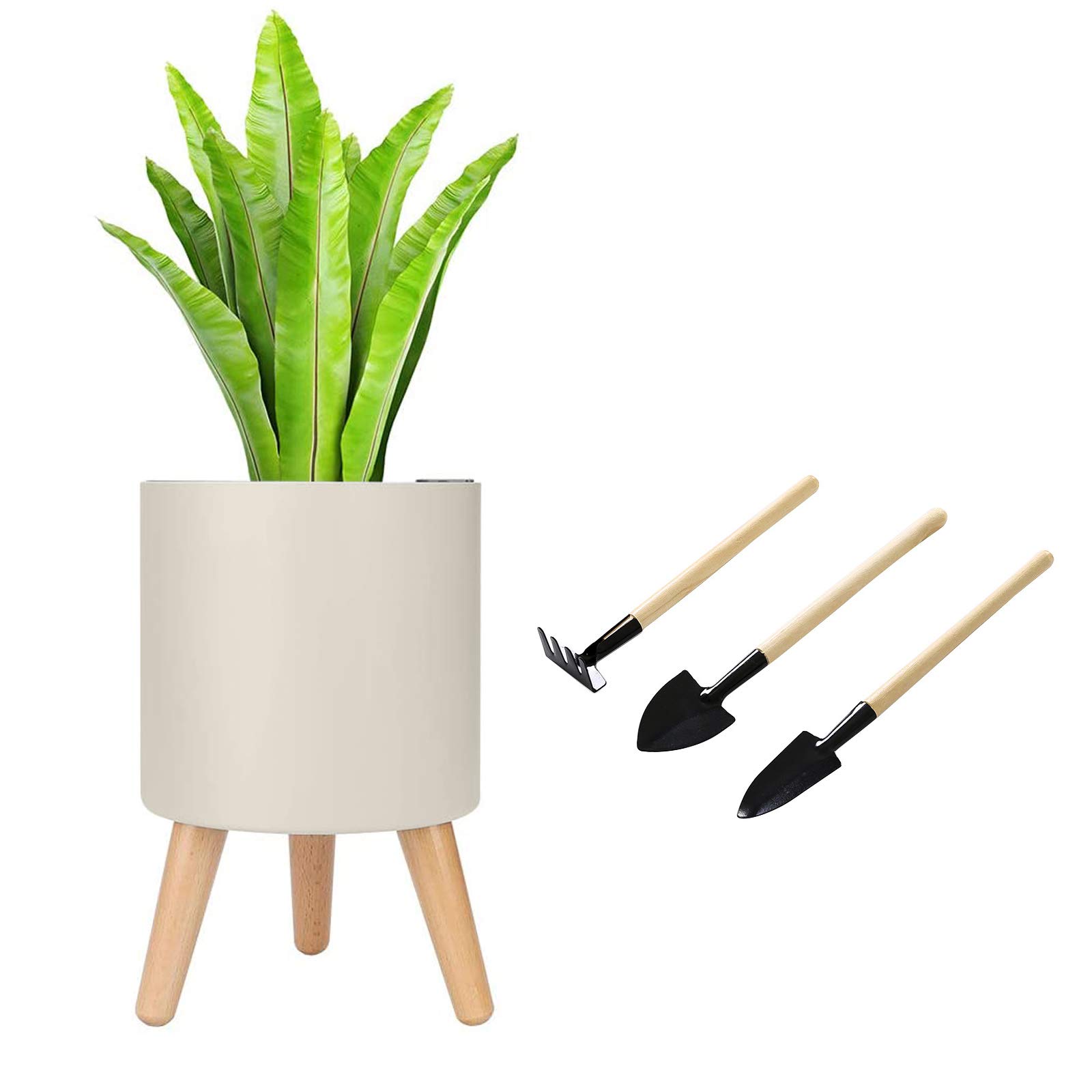 Planter Pot with Stand, 7.5 inches Plant Pot with Self Watering & Drainage System, Indoor Outdoor Plant Pot with Wood Holder（White）