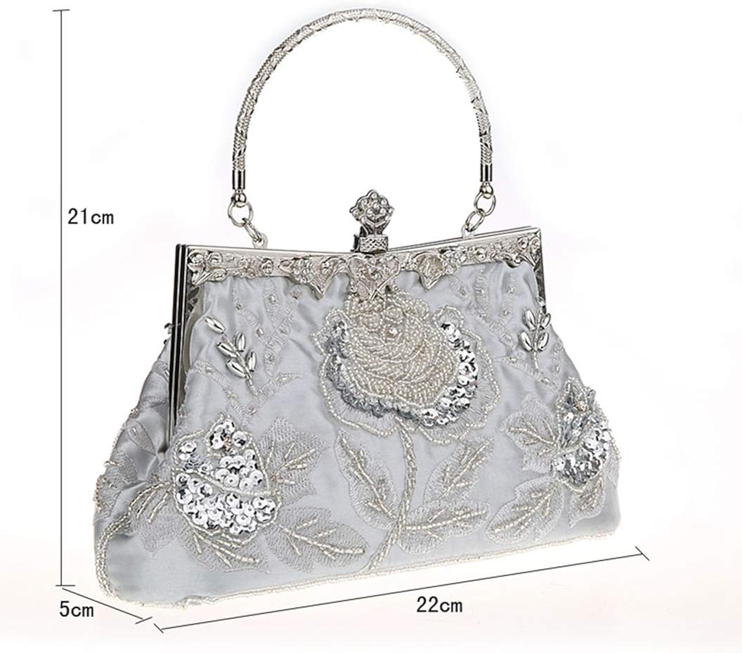 MMYOMI Vintage Floral Beaded Rhinestone Embroidery Clutch Sequin Wedding Party Prom Bag Bridal Ladies Crossbody Evening Handbag (Silver) - Image 3