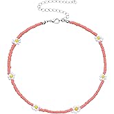 Colorful Sunflowers Beaded Choker Bohemian Daisy Flowers Necklace Handmade Summer Boho Resin Seeds Beads Collar Clavicle Choker Necklaces for Women Vacation Jewelry-Pink