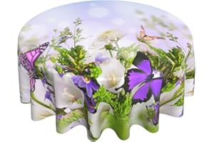 SWEETSHOW Spring Floral Tablecloth Round 60 Inch Purple Butterfly Tablecloths Waterproof Polyester Washable Table Cover Flowers Table Cloth for Kitchen Dining Room Indoor Outdoor Picnic Patio Party Decor
