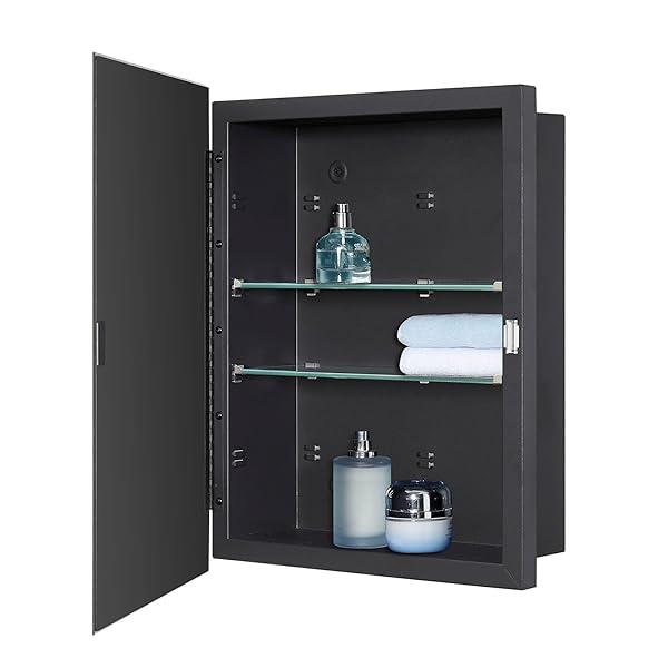 IDYLLOR BLACK BATHROOM MEDICINE CABINET WITH BEVELED EDGE MIRRORED DOOR 14 X 18 INCH, RECESSED OR SURFACE MOUNT, WITH ADJUSTABLE GLASS SHELVES