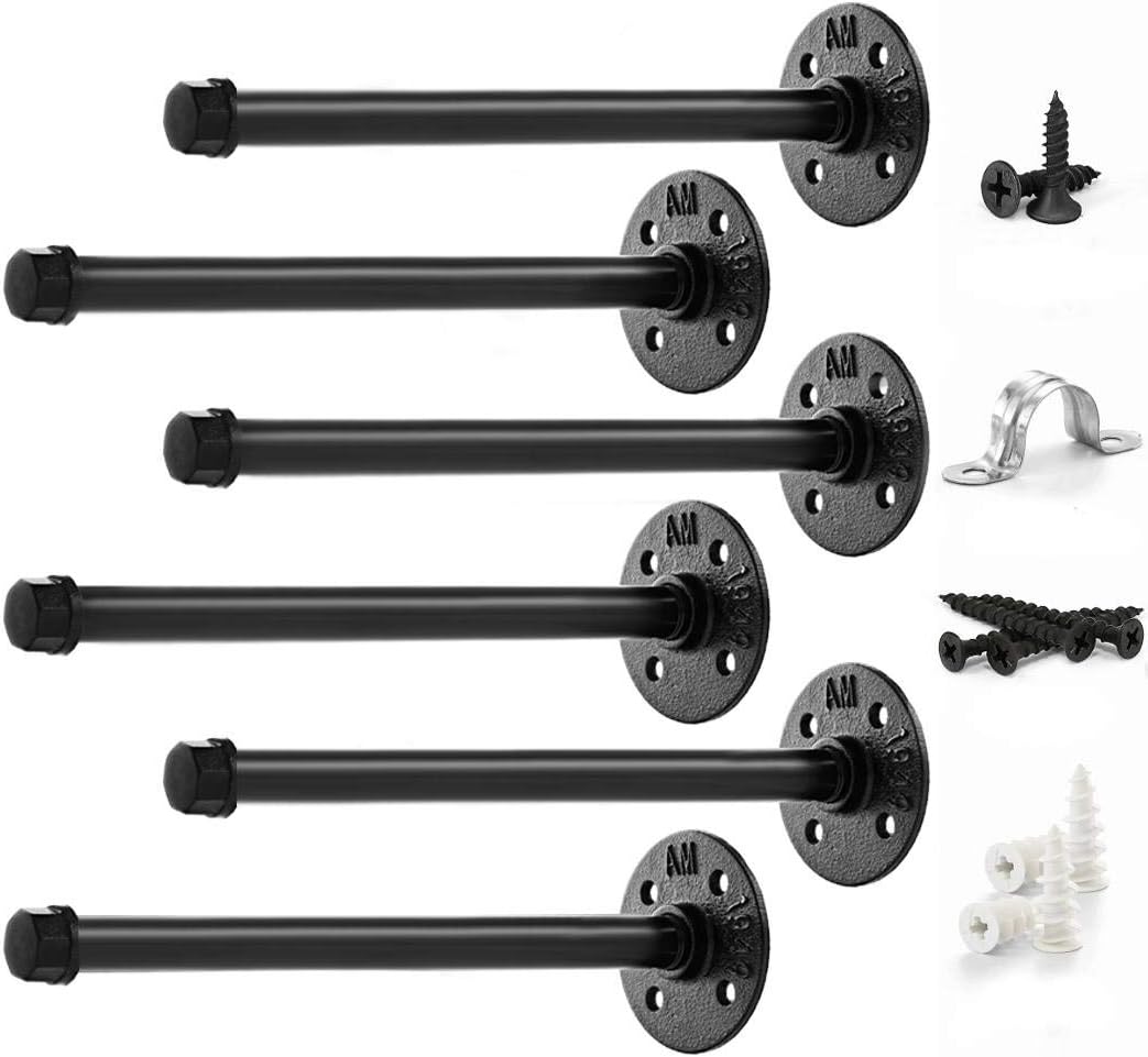 Pipe Shelf Bracket 12 Inch (6 pcs Black Steel) – Pipe Bracket for Wood Floating Shelf Vintage Look – Industrial Pipe Shelves with All Accessories Needed (Shelf Not Included): Home Improvement
