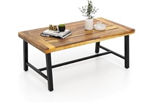 Tangkula Outdoor Acacia Wood Coffee Table, Rectangle Rustic Accent Table with Thickened Top & Heavy-Duty Metal Legs, for Patio, Deck, Garden, Natural