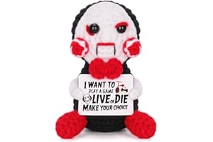 GIFTIARA Positive Halloween Doll, Cute Crochet Hockey Saw Scream Mask Dolls with Inspirational Card Cheer Up Funny Gag Gifts (Saw Mask)