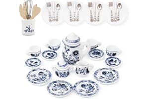 Odoria 1/12 Scale Miniature Porcelain Tea Sets 15Pcs Plates and Cutlery Set Kitchen Utensils Dollhouse Accessories, Blue Lotu