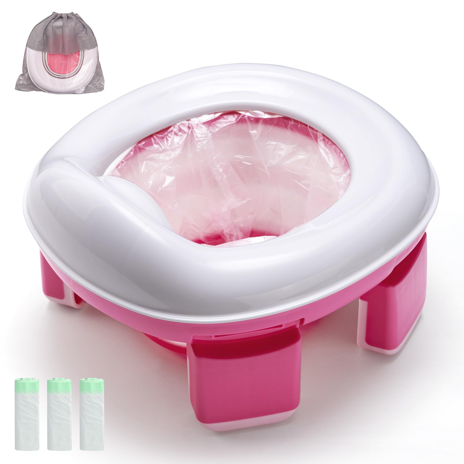 Warmiehomy Portable Travel Potty for Toddlers Kids Baby Foldable Potty Training Toilet Seat for 1-4 Years Boys Girls Indoor Outdoor Carry Potty Travel Toilet with 60pcs Cleaning Bags, Pink