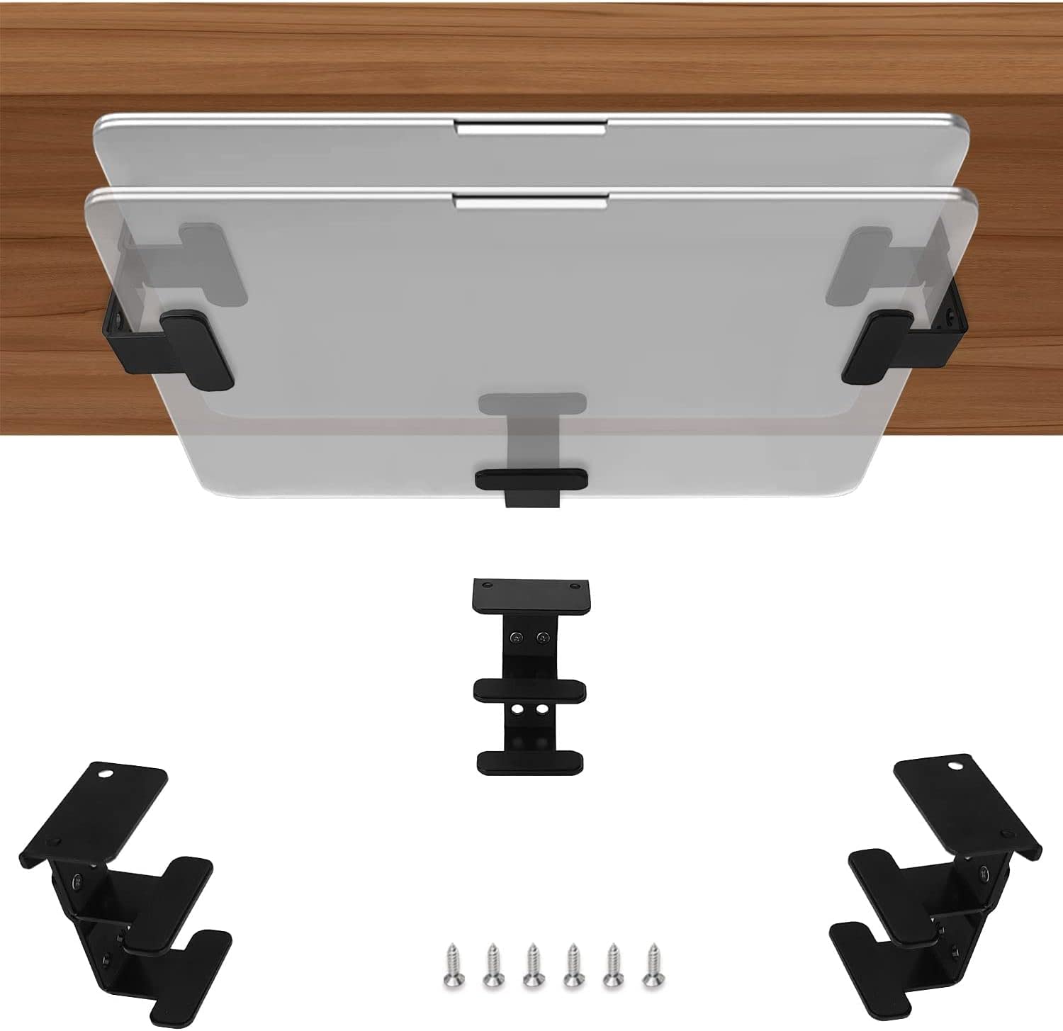 JEMACHE Under Desk Dual Decker Laptop Mount, Hard Aluminum Under Table Desk 2 Tier Holder for Laptop, Mac Mini, MacBook, Keyboard with Anti-Scratch Silicone (Black)