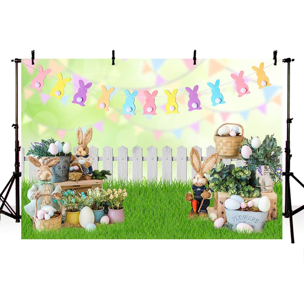 MEHOFOND 7x5ft Easter Backdrop for Photography Spring Bunny Egg Fence Floral Green Lawn Background Baby Shower Cake Smash Birthday Garden Party Decor Banner Studio Supplies