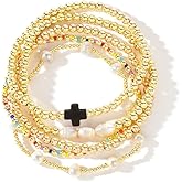 SHINUS BOHO 14K Gold Pearl Beaded Cross Bracelets Stack Set for Women,Stretch Boho Colorful Christian Beads Ball Jewelry Trendy Gift