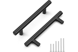 Probrico 30 Pack Hole Centers 3-3/4inch Matte Black Kitchen Cabinet Handles, Stainless Steel Dresser Drawer Pulls, Modern T Bar 6inch Length Pull Handle for Closet