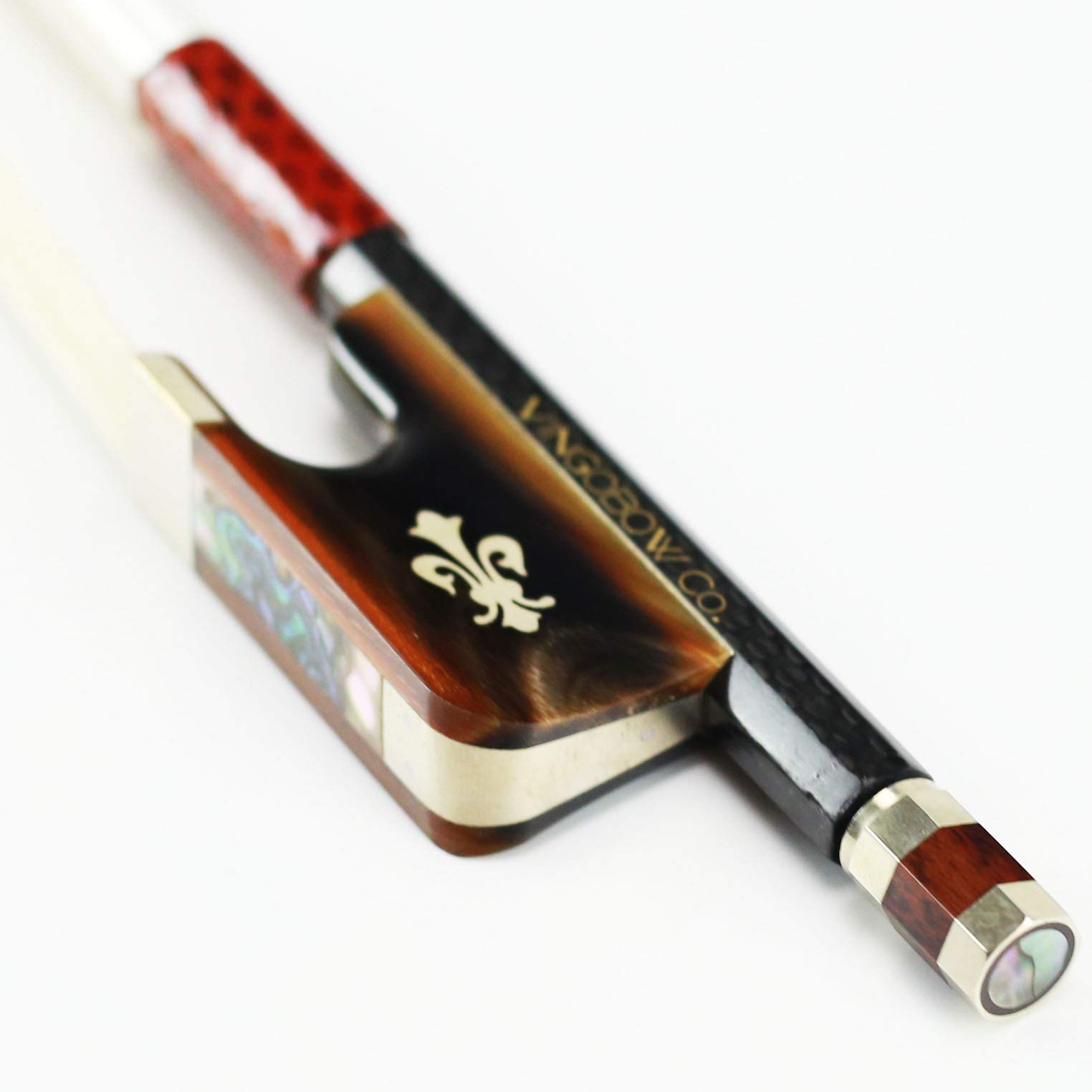 Textured Carbon Fiber Cello Bow 4/4 Size VINGOBOW 118C Concert Level Red Ox Horn Frog Light Weight Well Balanced Quality Unbleached White Mongolian Horse Hair