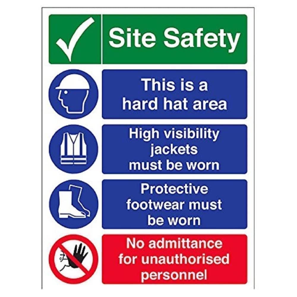 V Safety 6C023BC-R Multi Hazard Site Safety No Admittance Warning Sign - Portrait - 300mm x 400mm - 1mm Rigid Plastic, Black/Blue/Green/Red — image 1