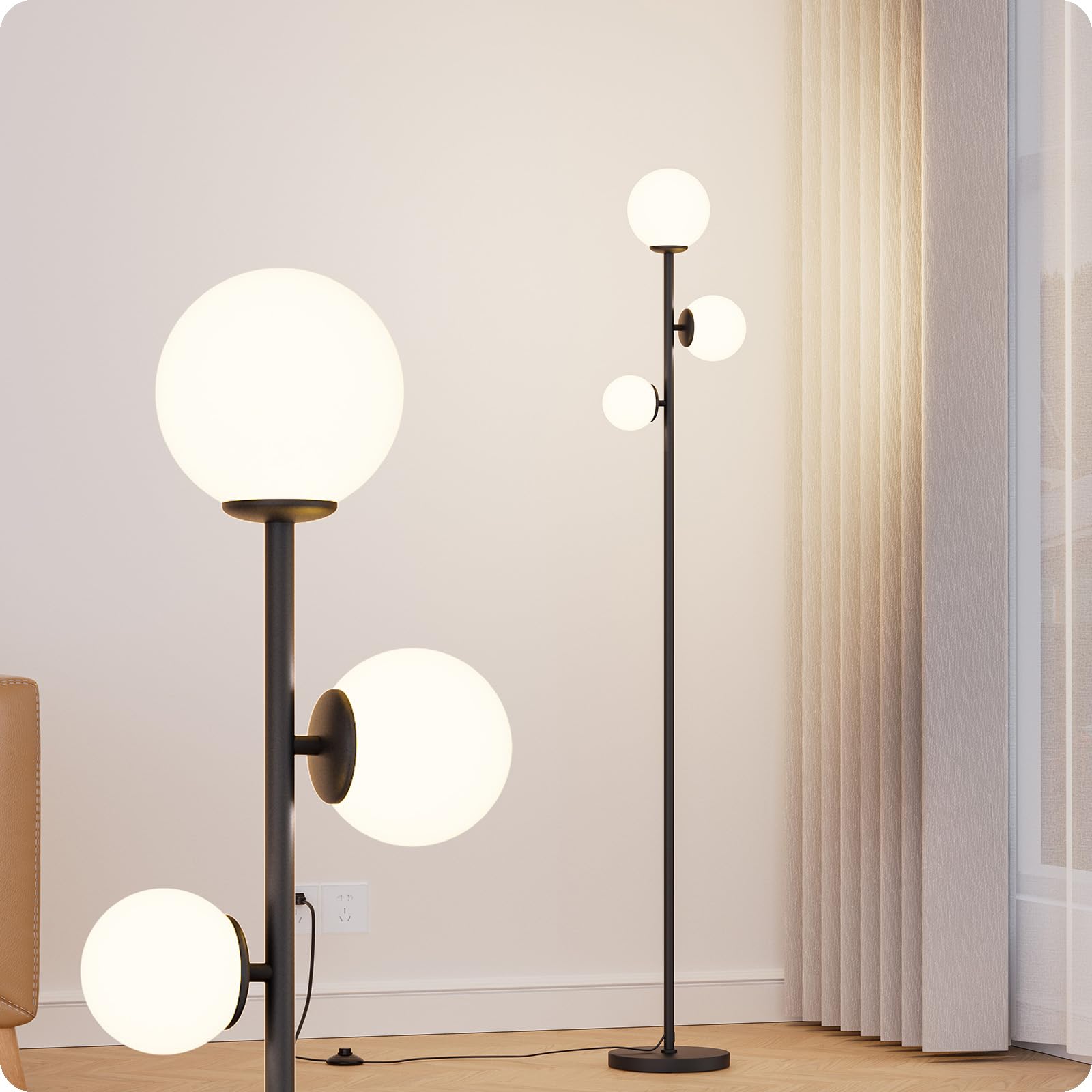 Photo 1 of Nukanu Floor lamp with 3 Frosted Glass Shades,Stangding Lamp Floor Lamps for Living Room Bedroom Office with 3 led Bulbs,Tall lamp with Foot Switch (Black)