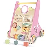 LOL-FUN Wooden Baby Walker for Girls with Wheels, Push Walker for Girl 12 Months, Pink Baby Push Toy for 1 Year Old Walking