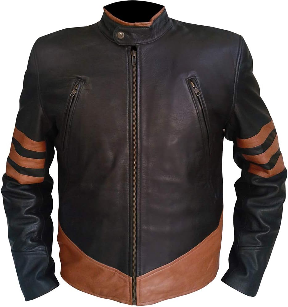 JjacketMens Brown Striped Leather Jacket - Wolv Logar Biker Jacket