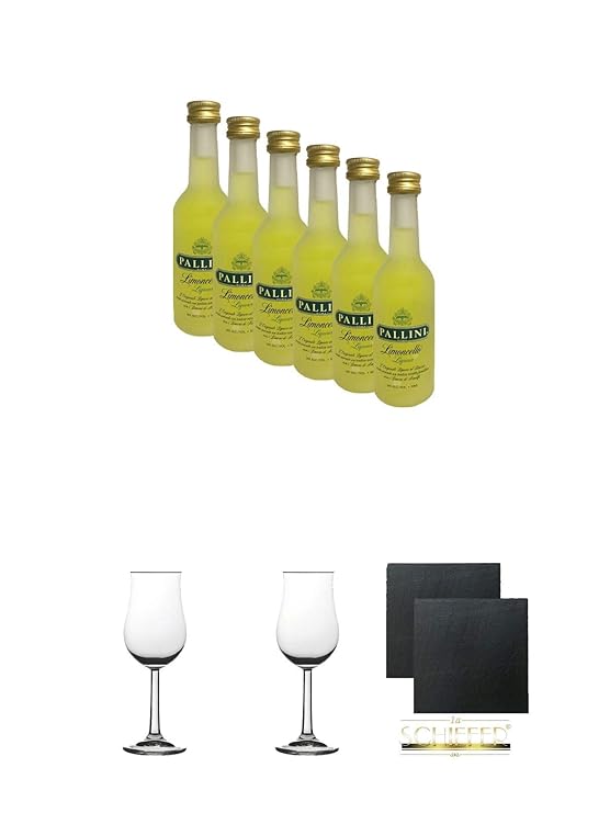 Pallini Limoncello aus Italien 6 x 0,05 Liter MINIATUR + 2 Bugatti Nosing Gläser mit Eichstrich 2cl und 4cl + 2 Schiefer Glas